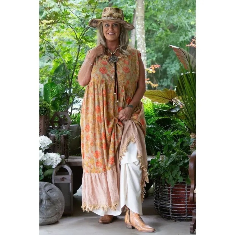 Jaded Gypsy Floral Maxi Dress Boho Crochet Lace Fringe Tiered Sleeveless O/S